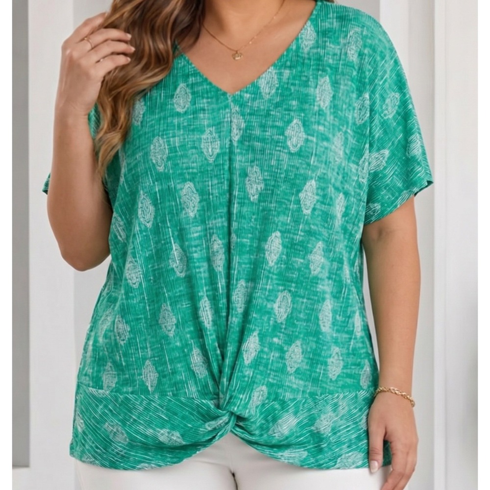 Dana Buchman Womens Plus 2X Green Pleated Medallion Twist Front Blouse Top